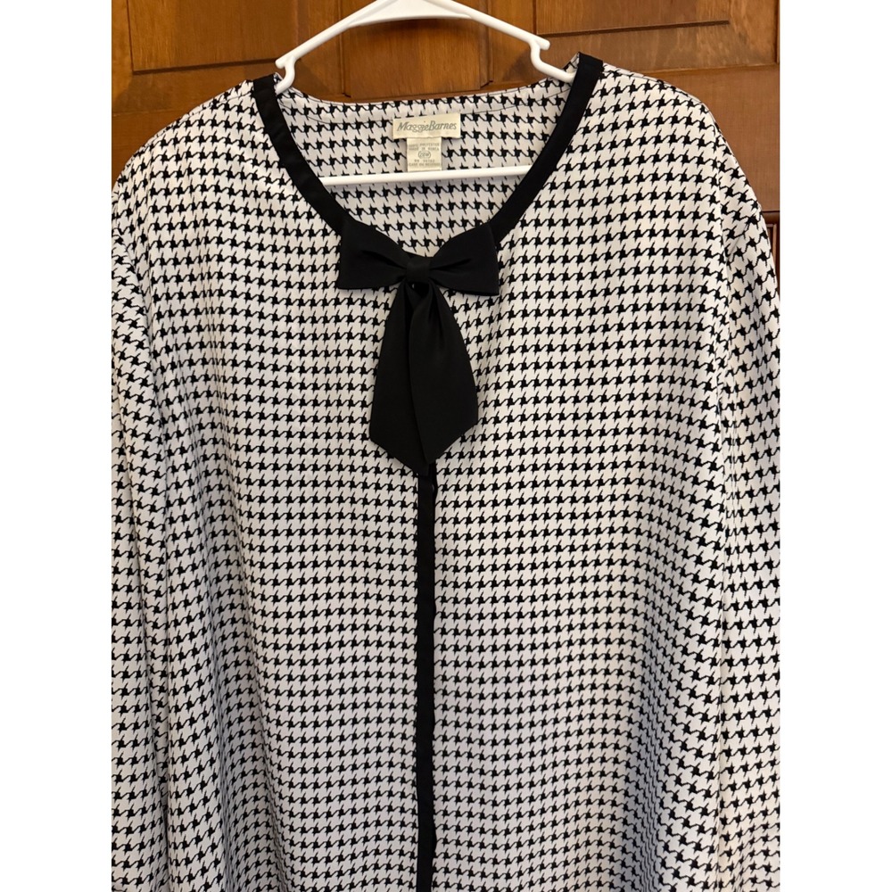 Maggie Barnes Houndstooth Bow Blouse Womens Size 28 Button-Down Holiday Office - Picture 2 of 13